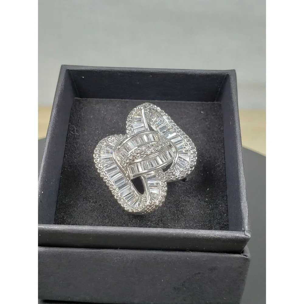 Unique Bow Infinity Baguette Cut CZ 925 Silver Cluster Cocktail Ring Size 9.25